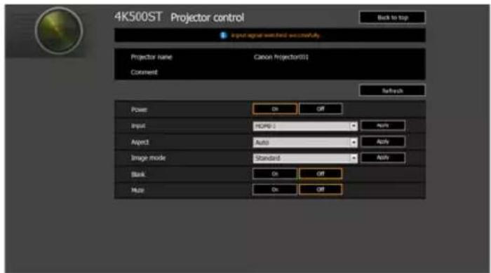 4K500ST Projector control Back to top Input signal switched successfully Projector name Canon Projector(S) Colorment Refresh Power On Off Input HCPG-1 Apply Aspect Auto Apply Image mode Standard Apply Blank On Off Merge On Off