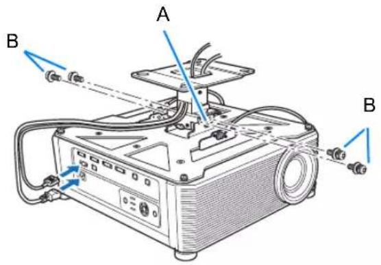 Diagram of an electronic device with labeled components A and B, showing wiring and control buttons