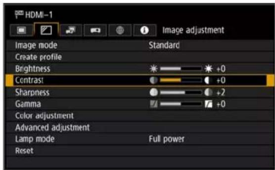 HDMI-1 Image adjustment Image mode Standard Create profile Brightness +0 Contrast +0 Sharpness +2 Gamma +0 Color adjustment Advanced adjustment Lamp mode Full power Reset