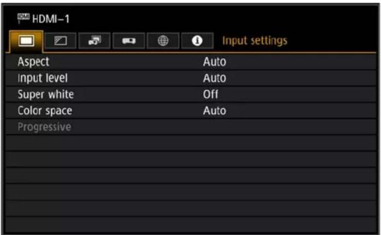 HDMI-1 Input settings Aspect Auto Input level Auto Super white Off Color space Auto Progressive
