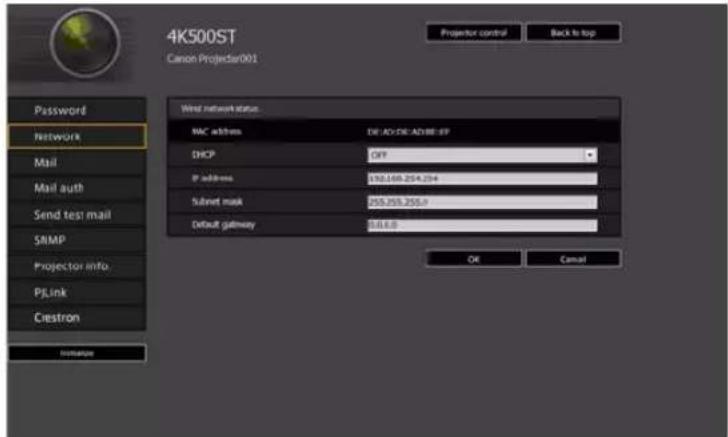 4K500ST Canon Projector001 Projector control Back to top Password Network Mail Mail auth Send test mail SIMP Projector info PJLink Crestron Homegate Wire network status MAC address DIF-ADC-DIC-ADBE-8F DHCP Off IP address 192.169.254.254 Submit mask 255.755.255.0 Default gateway 0.6.6.0 OK Cancel