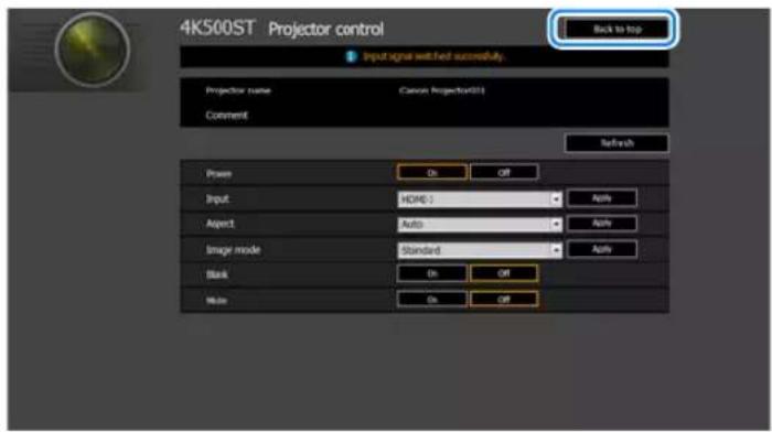 4K500ST Projector control Input signal watched successfully. Back to top Projector name Canon Projector(S) Comment Refresh Power On Off Input HDMI: Auto Apply Aspect Auto Apply Image mode Standard Apply Blank On Off Main On Off