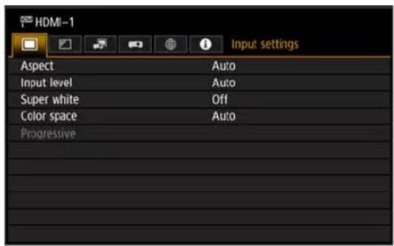 HDMI-1 Input settings Aspect Auto Input level Auto Super white Off Color space Auto Progressive