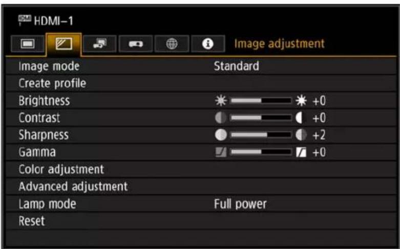 HDMI-1 Image adjustment Image mode Standard Create profile Brightness +0 Contrast +0 Sharpness +2 Gamma +0 Color adjustment Advanced adjustment Lamp mode Full power Reset