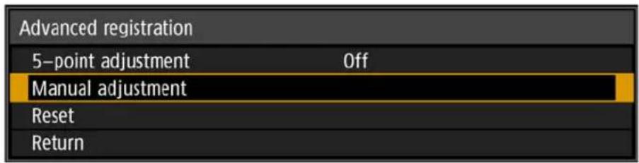 Advanced registration 5-point adjustment Off Manual adjustment Reset Return