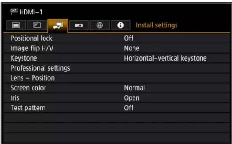 HDMI-1 Install settings Positional lock Off Image flip H/V None Keystone Horizontal–vertical keystone Professional settings Lens – Position Screen color Normal Iris Open Test pattern Off