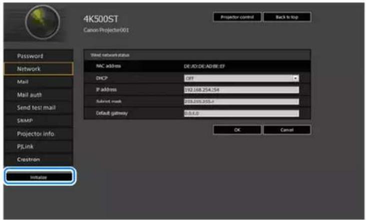 4K500ST Canon Projector001 Password Network Mail Mail auth Send test mail SNAP Projector info PJLink Crestron Initiate Yield network status NAC address DEJO-DE-ADBE-EF DHCP OFF IP address 192.168.254.154 Submit mask 203.203.203.2 Default gateway 0.0.0.0 OK Cancel
