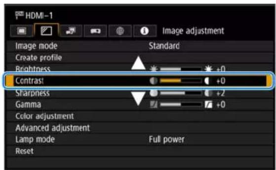 HDMI-1 Image adjustment Image mode Standard Create profile Brightness +0 Contrast +0 Sharpness +2 Gamma +0 Color adjustment Advanced adjustment Lamp mode Full power Reset