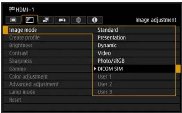 HDMI-1 Image adjustment Image mode Create profile Brightness Contrast Sharpness Gamma Color adjustment Advanced adjustment Lamp mode Reset Standard Presentation Dynamic Video Photo/sRGB ▶ DICOM SIM User 1 User 2 User 3