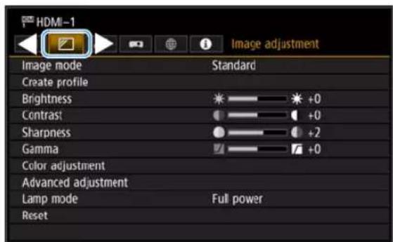 HDMI-1 Image adjustment Image mode Standard Create profile Brightness +0 Contrast +0 Sharpness +2 Gamma +0 Color adjustment Advanced adjustment Lamp mode Full power Reset