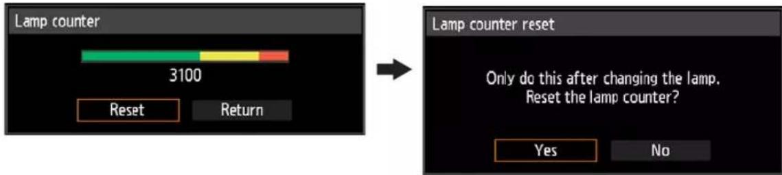 Lamp counter 3100 Reset Return Lamp counter reset Only do this after changing the lamp. Reset the lamp counter? Yes No