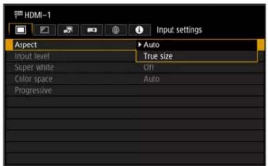 HDMI-1 Input settings Aspect Input level Super white Color space Progressive ▶ Auto True size Off Auto