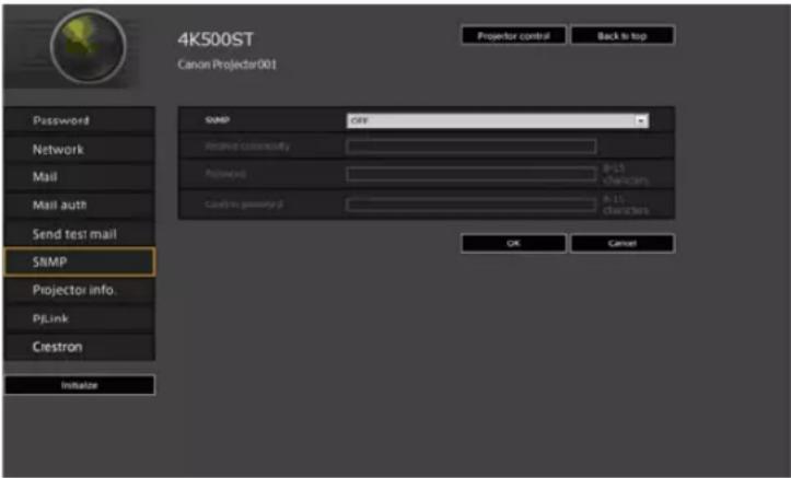4K500ST Canon Projector001 Projector control Back to top Password Off Network commodity Mail IP-13 Mail auth Character Send test mail IP-13 SNMP Projector info. PjLink Crestron Initialize OK Cancel