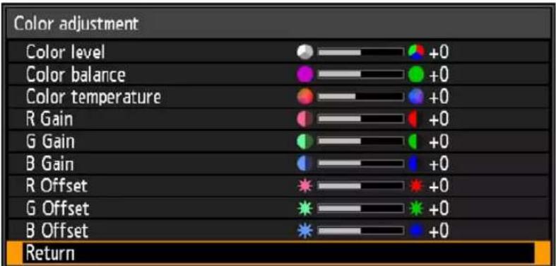 Color adjustment Color level Color balance Color temperature R Gain G Gain B Gain R Offset G Offset B Offset Return
