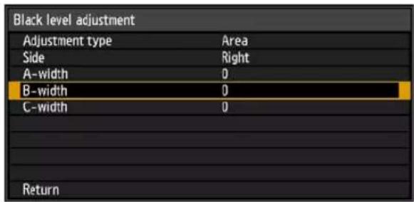 Black level adjustment Adjustment type Area Side Right A-width 0 B-width 0 C-width 0 Return
