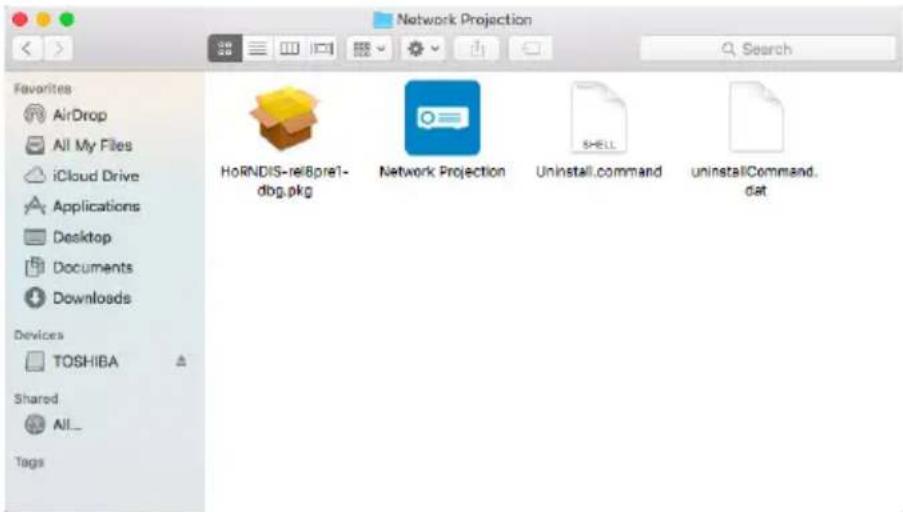 Network Projection Favorites AirDrop All My Files iCloud Drive Applications Desktop Documents Downloads Devices TOSHIBA Shared All_ Tags HoRNDIS-relibpre1- dbg.pkg Network Projection SHELL Uninstall.command uninstallCommand. dat