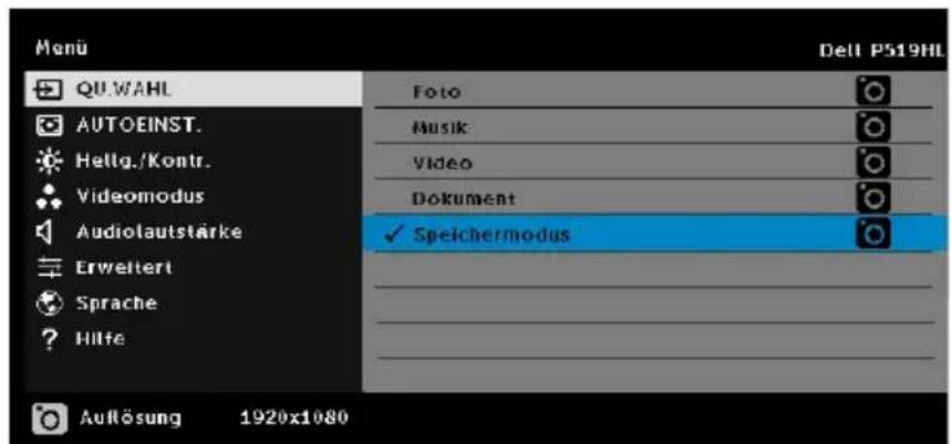 Menu QU.WAHL AUTOEINST. Hellig./Kontr. Videomodus Audiolautstärke Erweitert Sprache Hilfe Dell PS19HL Foto Musik Video Dokument ✓ Speichermodus Auflösung 1920x1080