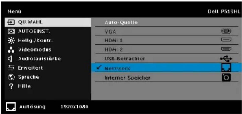 Menu QU.WAHL AUTOEINST. Hellg./Kontr. Videomodus Audiolautstärke Erweitert Sprache Hilfe Auto-Quelle VGA HDMI 1 HDMI 2 USB-Betrachter ✓ Netzwerk Interner Speicher Auflösung 1920x1080 Dell P519HL