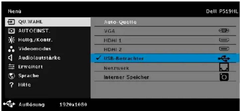 Menu QU.WAHL AUTOEINST. Hellg./Kontr. Videomodus Audiolautstärke Erweitert Sprache Hilfe Auto-Quelle VGA HDMI 1 HDMI 2 ✓ USB-Betrachter Netzwerk Interner Speicher Auflösung 1920x1080 Dell P519HL