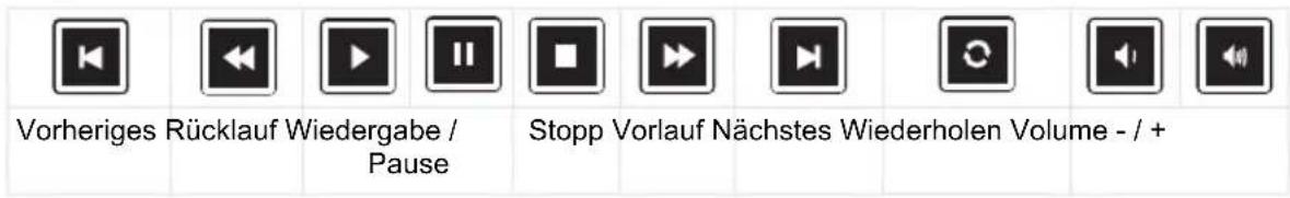 Vorheriges Rücklauf Wiedergabe / Pause Stopp Vorlauf Nächstes Wiederholen Volume - / +