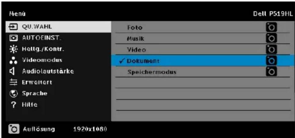 Menu QU.WAHL AUTOEINST. Hellig./Kontr. Videomodus Audiolautstärke Erweitert Sprache Hilfe Dell P519HL Foto Musik Video ✓ Dokument Speichermodus Auflösung 1920x1080