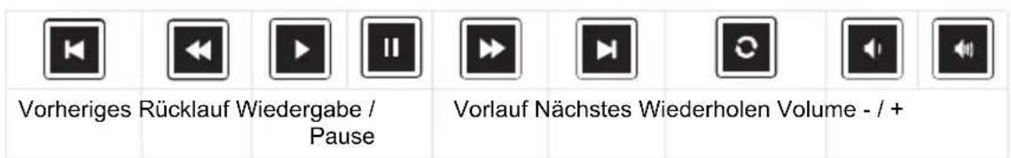 Vorheriges Rücklauf Wiedergabe / Pause Vorlauf Nächstes Wiederholen Volume - / +