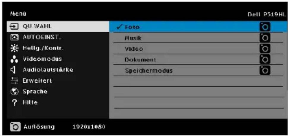 Menu QU WAHL AUTOEINST. Hellig./Kontr. Videomodus Audiolautstärke Erweitert Sprache Hilfe Foto Musik Video Dokument Speichermodus Auflösung 1920x1080 Dell P519HL
