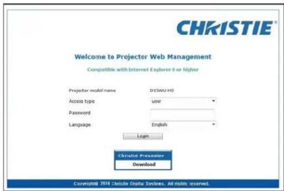 Christie D16WU-HS - Logging on to the web user interface - 1