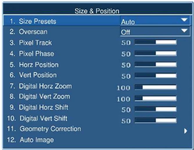 Christie D16WU-HS - Size and Position menu - 1