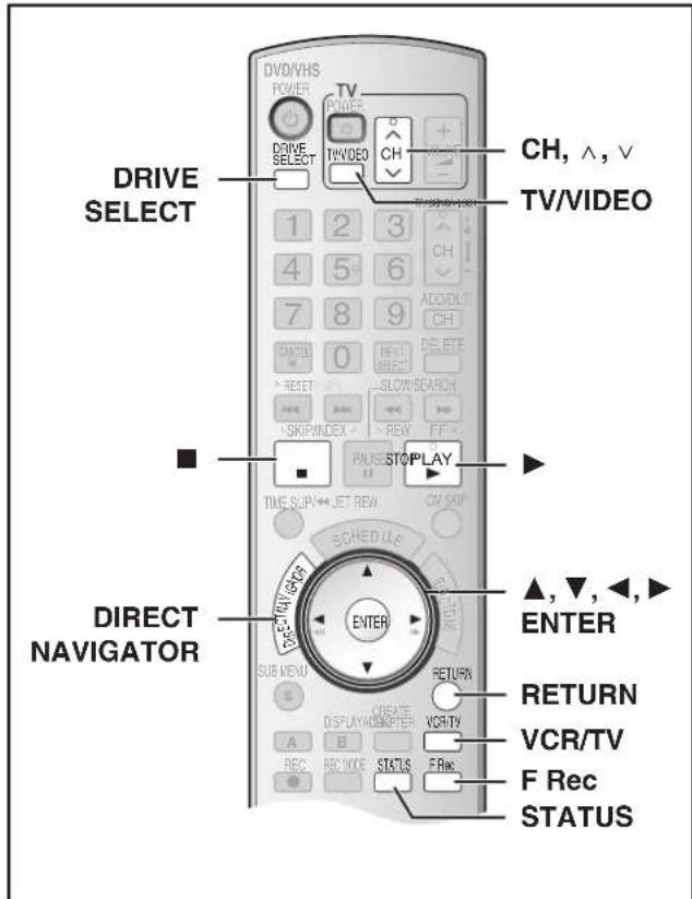 DRIVE SELECT DIRECT NAVIGATOR DVD/VHS POWER TV POWER THVIDEO CH TH/VIDEO CH, ^, ∨ TV/VIDEO 1 2 3 4 5 6 7 8 9 ADD/LT CH CANCEL 0 RESET 1 SLOW/SEARCH SKIP/INDEX REW FF STOP PLAY TIME SUP JET REW CH SKIP SCHED ULE ENTER SUB MENU RETURN VCR/TV A B C D E R W D E F R E C DISPLAY/MASTER STATUS F Rec STATUS ▲, ▼, ◀, ► ENTER RETURN VCR/TV F Rec STATUS