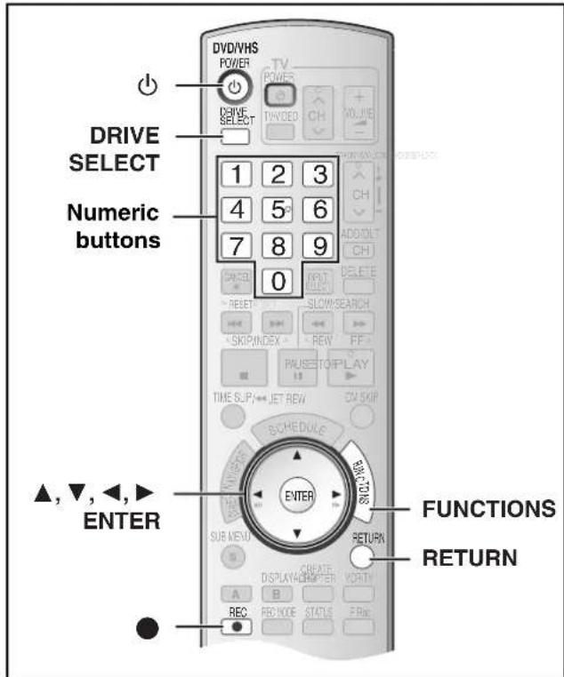 DVD/VHS POWER TV POWER DRIVE SELECT 1 2 3 4 5 6 7 8 9 0 DRIVE SELECT Numeric buttons Δ, ▼, ←, ► ENTER FUNCTIONS RETURN SUB MEND CREATE DISPLAY/ORDER A B C REC FND MODE STATUS FND FUNCTIONS RETURN