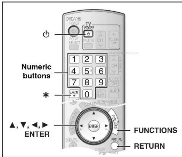 DVD/VHS POWER TV POWER DRIVE SELECT TWD/DEB CH VOLUME * 1 2 3 4 5 6 7 8 9 CANCEL 0 Numeric buttons * ▲,▼,◀,► ENTER FUNCTIONS RETURN SUB-MENU CREATE PTER VOSTIV