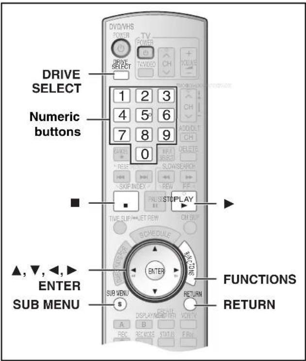 DRIVE SELECT Numeric buttons 1 2 3 4 5 6 7 8 9 0 ■ ▲,▼,◀,► ENTER SUB MENU SUB MENU S FUNCTIONS RETURN A B C D E F R N T U V W X Y Z DISPLAY RE-ATI STATUS F RM DV/DVHS POWER TV TWD CH VOLUME STOPPLY STOPPLAY TIME SLIP /JET REW CM OUT B SCHEDULE SUPPORTS RETURN FUNCTIONS RETURN