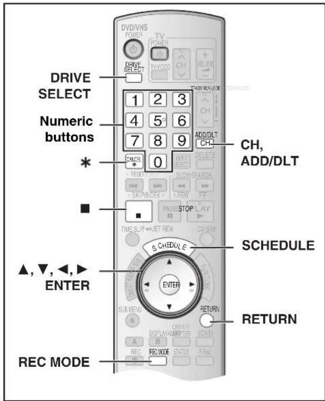 DRIVE SELECT Numeric buttons * * ▲,▼,◀,► ENTER REC MODE DVD/VHS POWER TV POWER DHIVE SELECT 1 2 3 4 5 6 7 8 9 0 CANCEL RESET SKIP/INDEX SLOW/SEARCH REW ADD/DLT CH- DELETE ADD/DT SCHEDULE S C H D U L E ENTER SUB MENU A B REC REC MODE RETURN CREATE DISPLAY/AMPTER NO-TV STATUS FINAL STATION CHANGE CH- ADD/DT CALL ADD/DT SCHEDULE RETURN