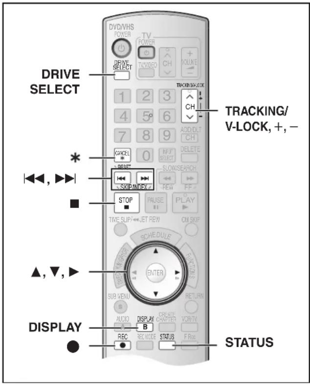 DRIVE SELECT * ▲,▼,► DISPLAY ● DV/DVHS POWER TV POWER DRIVE SELECT TWVIDEO CH +VALUE - TRACKING/V-LOCK 1 2 3 4 5° 6 ADD/DLT CH 7 8 9 DELETE 0 SLOW/SEARCH REW FF STOP PAUSE PLAY TIME SUP/←JET REW CM SKIP SCHEDULE ENTER SUB VENU AUDIO DISPLAY CREATE CHAPTER VCRTV REC REC MODE STATUS F Rec. STATUS TRACKING/ V-LOCK, +,-