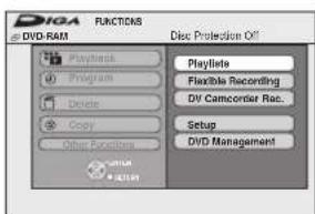 DINA FUNCATIC8 DVD-ROM Playlist Program Delete Copy Other Functions Playlist Flexible Recording DV Camcorner Rec. Setup DVD Management