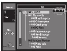 Menu G Total 1/24 No. MP3 MUSIC 001 My favorite 001 Brazilian pops 002 Chinese pops 003 Czech pops 004 PC Files 005 Japanese pops 006 Swedish pops 001 Momoko 002 Standard Number 001 Piano solo 002 Vocal