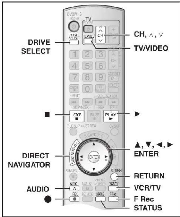 DRIVE SELECT DIRECT NAVIGATOR AUDIO DV/D/VHS POWER TV POWER THIVVIDEO CH CH, ^, ∨ TV/VIDEO 1 2 3 4 5 6 7 8 9 ADD/UTT CH DELETE RESET SLOWS/SEARCH SKIP/INDEX REW FF STOP PAUSE PLAY TIME SLRT←JET REW OV SKIP S.CREDU/LF ENTER SUB-MENU RETURN AUDIO A DISPLAY B CREATE CHAPTER VCR/TV F Rec STATUS ▲, ▼, ←, ► ENTER