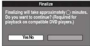 Finalize Finalizing will take approximately ○ minutes. Do you want to continue? (Required for playback on compatible DVD players.) Yes No
