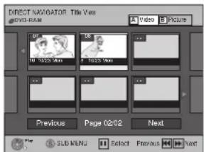 DIRECT NAVIGATOR Title View 10:02:50 Min 10:02:50 Max Previous Page 02/02 Next Sub MENU Select Previous Next