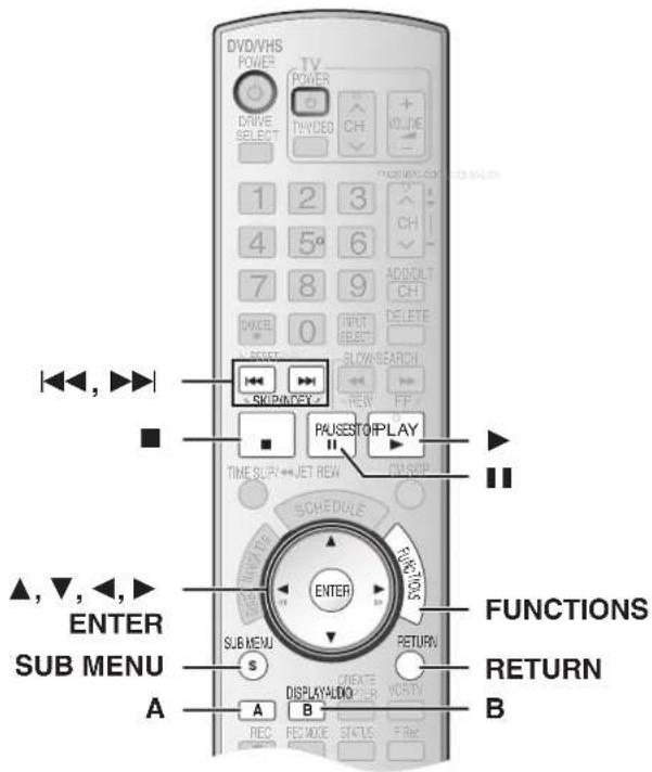 DVD/VHS POWER TV DRIVE SELECT 1 2 3 4 5° 6 7 8 9 CANCEL 0 TEXT RESET RESET SKIP/MOBY PAUSESTOPPLAY TIME SUR/WEJ REW SCHEDULE ENTER SUB MENU A REC FEC/MOC STATUS F Rec FUNCTIONS RETURN B ▲,▼,▲,▲ ENTER SUB MENU A B DISPLAY/AUDIO CNCRTV