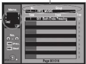 Menu G T Total 1 2 No. MP3 MUSIC Group Track View 1 001 Both Ends Freezing No. Prev. Next Page 001/016
