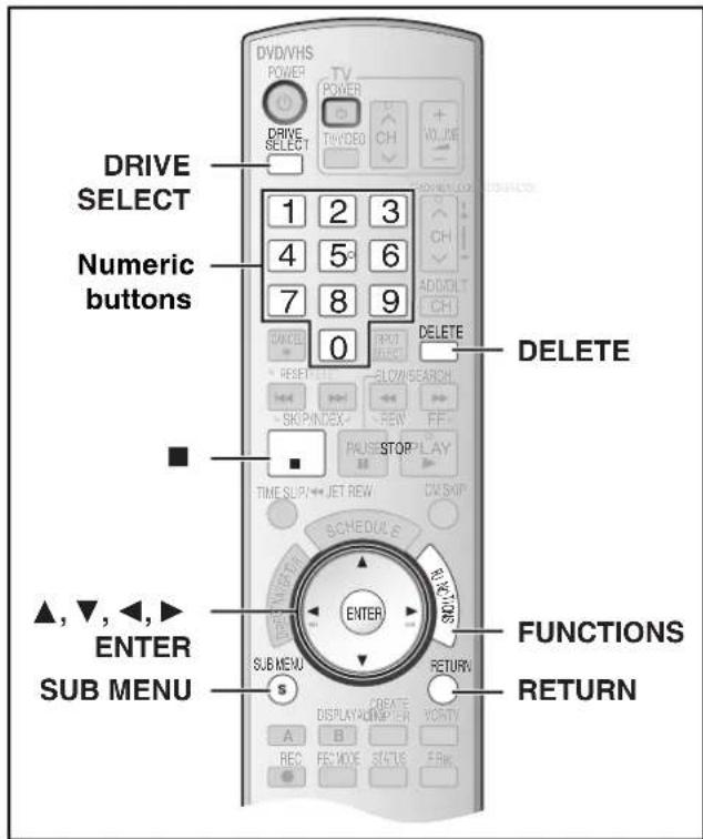 DRIVE SELECT Numeric buttons ▲,▼,◀,► ENTER SUB MENU DV/DVHS POWER TV POWER DRIVE SELECT 1 2 3 4 5 6 7 8 9 0 CANCEL RESET ELOW/SEARCH SKIPINDEX REW FF PAUSE/STOP/PLAY TIME SUPPLY JET REW DW/SKIP SCHEDULE RETURN ENTER SUB MENU A B C D E M O X S T A U S F R W CREATE DISPLAY/WSPPLIAR HOTRY RETURN FUNCTIONS RETURN