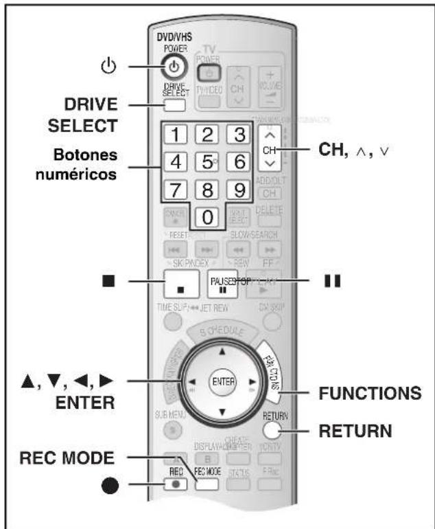 DRIVE SELECT Botones numéricos DVD/VHS POWER TV POWER DRIVE SELECT 1 2 3 4 5 6 7 8 9 0 CH ADD/OLT CH RESET SLOW/SEARCH SKIP/INDEX FF PAUSE/FOP TIME SLIP: JET REW CX SKIP SCHEDULE EARNINGS ENTER SUB MENU RETURN FUNCTIONS RETURN REC MODE B DISPLAY/ MASTER VOLUME STATUS FRec