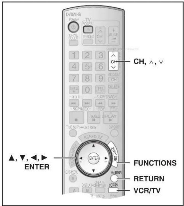 DVD/VHS POWER TV DRIVE SELECT TVVIDEO CH VOLUME 1 2 3 4 5 6 7 8 9 CANCEL 0 RESET SLOW/SEARCH SKIP/INDEX REW FF FAUSE/TO IPLAY TIME SUP JET RAW ON/SHIP SCHEDULE ENTER SUB MENU RETURN CREATE DISPLAY/COMPTER VCR/TV A B E STATUS F Re ▲, ▼, ◀, ▶ FUNCTIONS RETURN VCR/TV