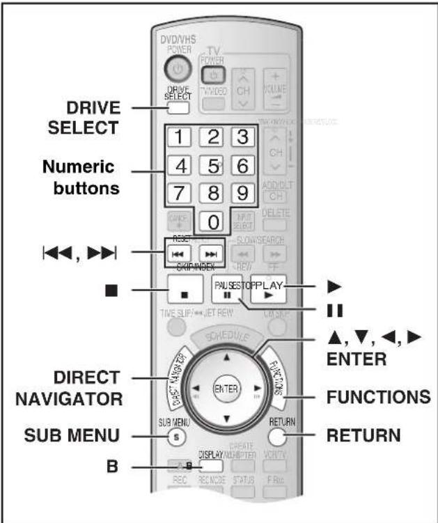 DRIVE SELECT Numeric buttons , ▶▶▶ DIRECT NAVIGATOR SUB MENU B DVD/VHS POWER TV POWER DRIVE SELECT 1 2 3 4 5 6 7 8 9 0 SKIP/INDER PAU SESTOPPLY TIME SLIP JET REV SCHEDULE ENTER SUB MENU RETURN DISPLAY/NEUTTER REC RECNOBE STATUS F Rie ADD/ALT CH DELETE FLOWSEARCH REV FF ▲, ▼, ←, ► FUNCTIONS RETURN
