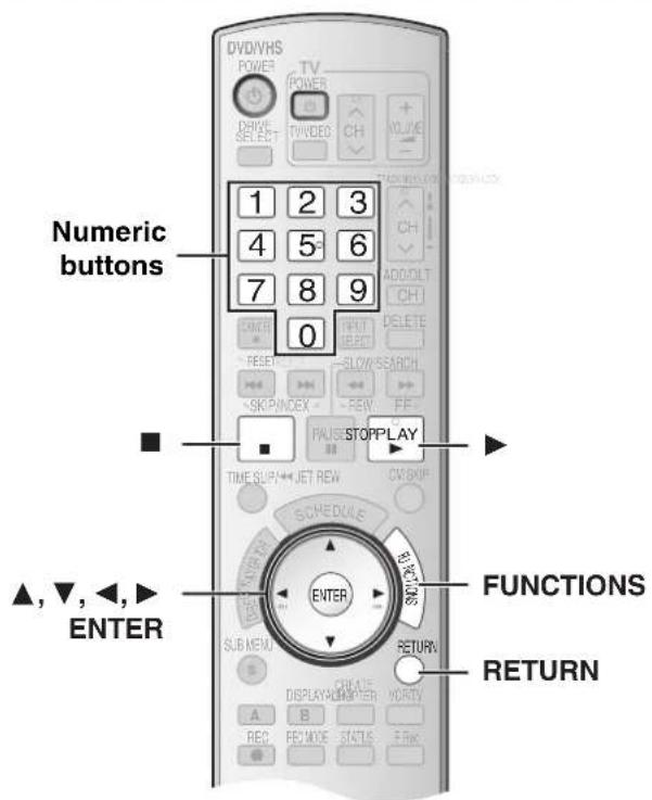 DV/DIVHS POWER TV POWER WRITE SELECT TV/VIDEO CH NO/LIME Numeric buttons 1 2 3 4 5 6 7 8 9 0 ADD/OLT CH DELETE RESET SLOW/SEARCH SKIP/INDEX - REW FF STOPPLAY TIME SUP/←JET RAW C/W/BIU SCHEDULE ENTER SUB MENU CREATE DISPLAY/ NUMBER HORTHY A B REC F/C/MOE STATUS F/FRC FUNCTIONS RETURN ▲,▼,◄,► ENTER
