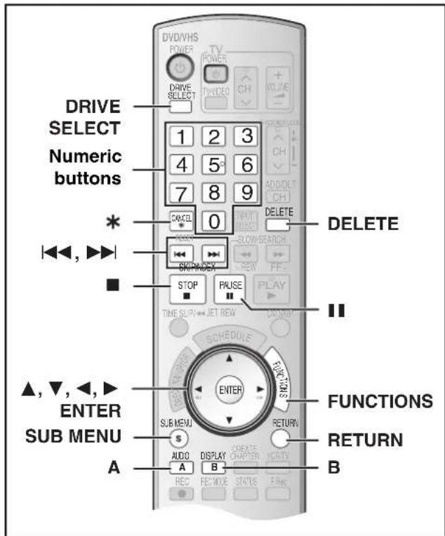 DRIVE SELECT Numeric buttons * ↓↓↓, ►► ■ ▲, ▼, ←, ► ENTER SUB MENU A DVD/VHS POWER TV POWER DRIVE SELECT 1 2 3 4 5 6 7 8 9 CANCEL 0 STOP PULSE TIME SURVEJ TRET REW DELETE SCHEDULE FUNCTIONS RETURN AUDIO A B REC REC MODE STATUS FUNCTIONS RETURN B