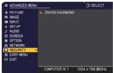 ADVANCED MENU PICTURE IMAGE INPUT SETUP AUDIO SCREEN OPTION NETWORK SECURITY EASY MENU EXIT ENTER PASSWORD COMPUTER IN 1 1024 x 768 @60Hz