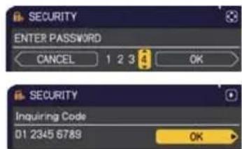 SECURITY ENTER PASSWORD CANCEL 1 2 3 OK SECURITY Inquiring Code 01 2345 6789 OK